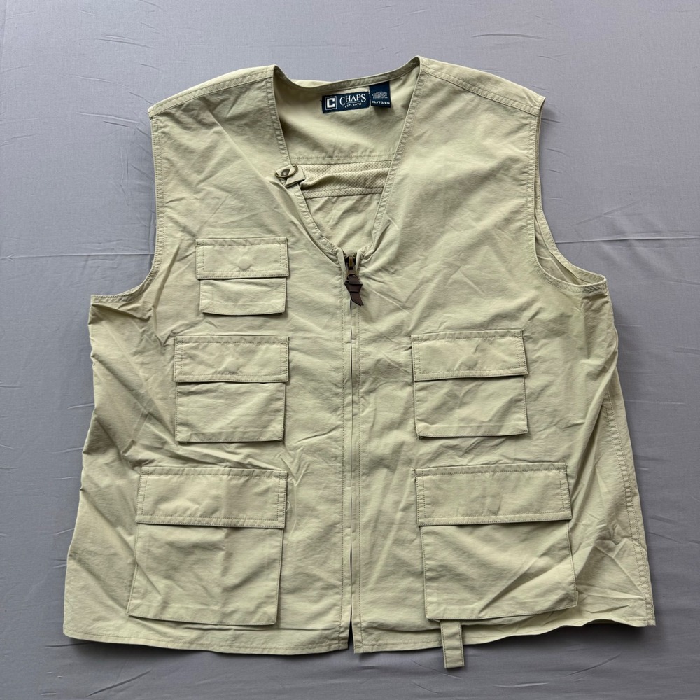 Chaps Mens XL Khaki Tan Nylon Fishing Utility Safari Cargo Vest Full Zip Vented